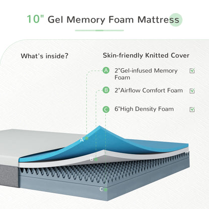 10 Inch Gel Memory Foam Mattress in a Box, Twin Mattress
