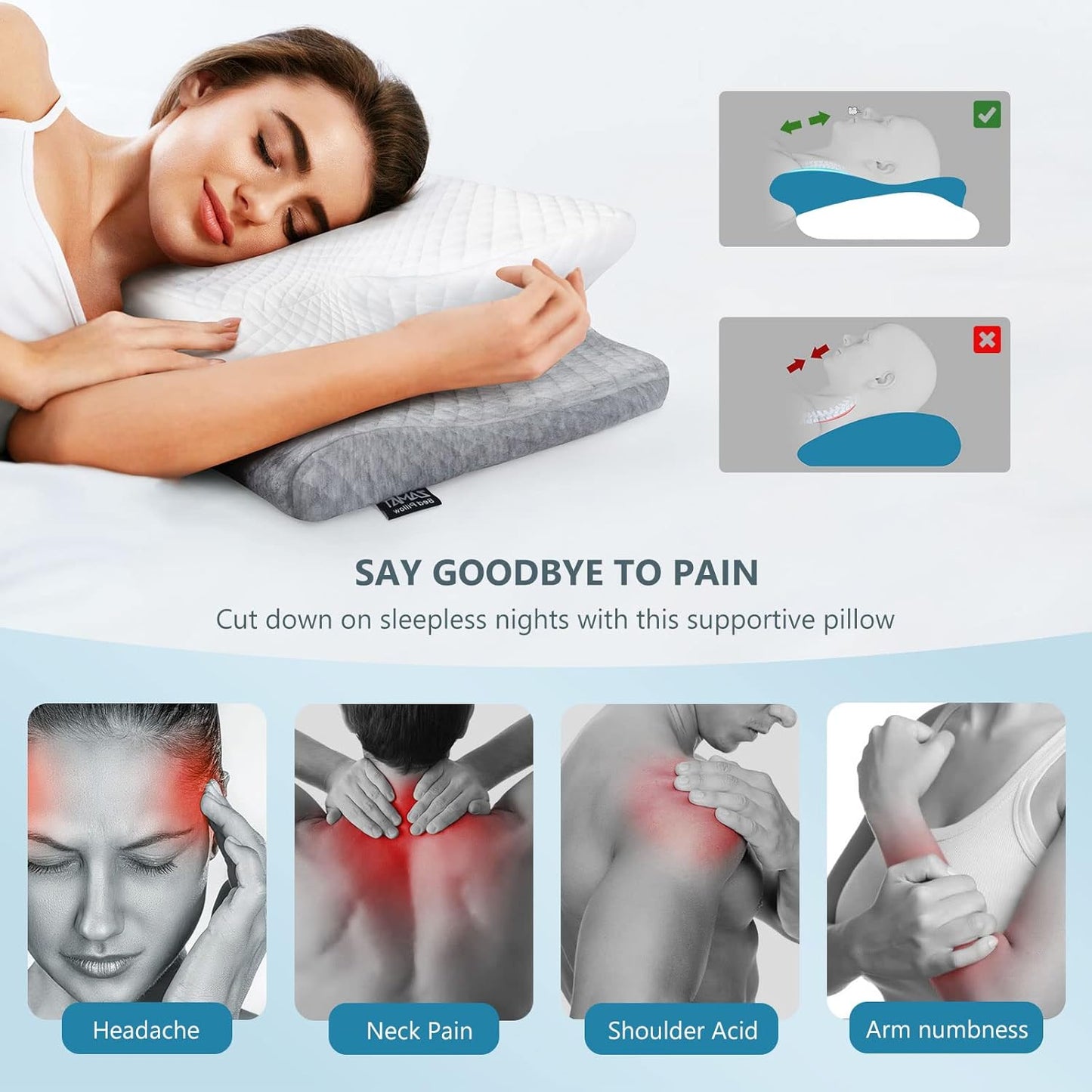 Adjustable Cervical Memory Foam Pillow, Odorless Neck Pillows for Pain Relief, Orthopedic Pillows for Sleeping with Cooling Pillowcase, Ergonomic Support Pillow for Stomach, Back, Side Sleeper