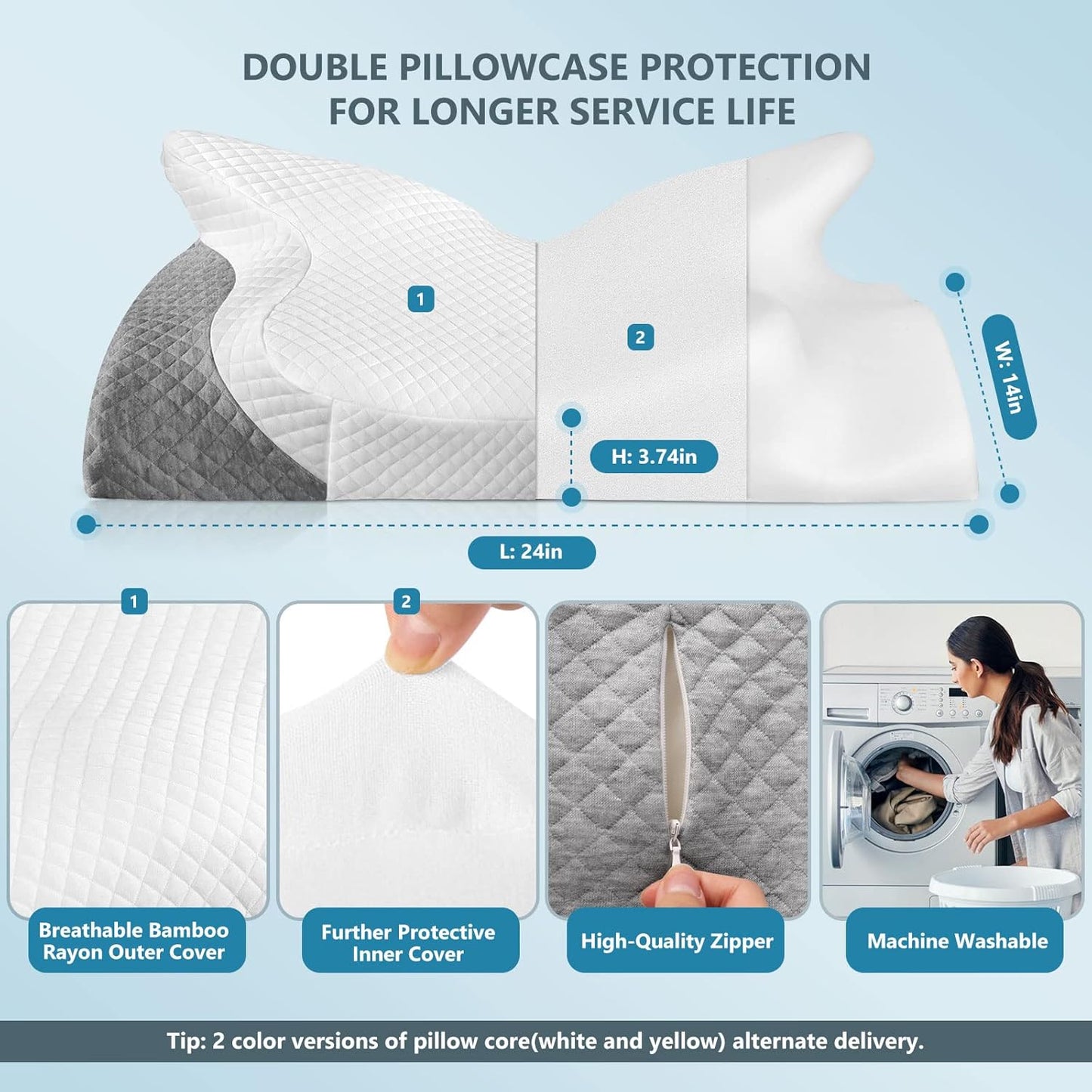 Adjustable Cervical Memory Foam Pillow, Odorless Neck Pillows for Pain Relief, Orthopedic Pillows for Sleeping with Cooling Pillowcase, Ergonomic Support Pillow for Stomach, Back, Side Sleeper