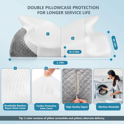 Adjustable Cervical Memory Foam Pillow, Odorless Neck Pillows for Pain Relief, Orthopedic Pillows for Sleeping with Cooling Pillowcase, Ergonomic Support Pillow for Stomach, Back, Side Sleeper