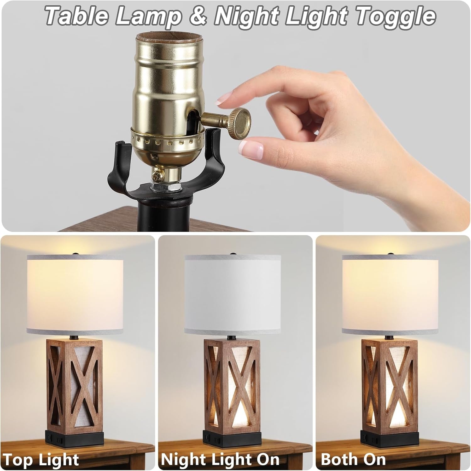 Wood Table Lamp with 3 Color Temperatures, Nightstand Table Lamp with AC Outlet, USB a & C Charging Port, Bedside Lamp for Living Room, Bedroom, Office Reading, Burlywood