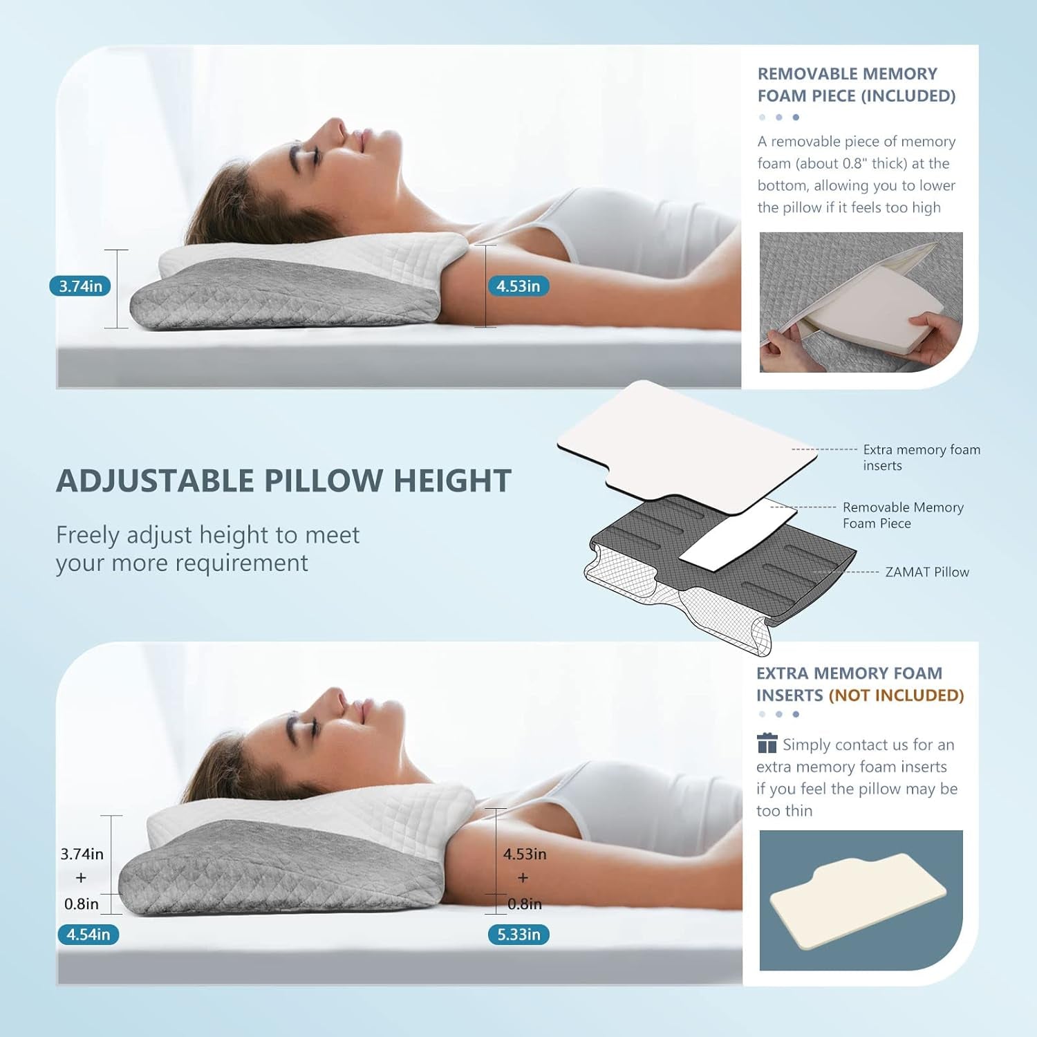 Adjustable Cervical Memory Foam Pillow, Odorless Neck Pillows for Pain Relief, Orthopedic Pillows for Sleeping with Cooling Pillowcase, Ergonomic Support Pillow for Stomach, Back, Side Sleeper