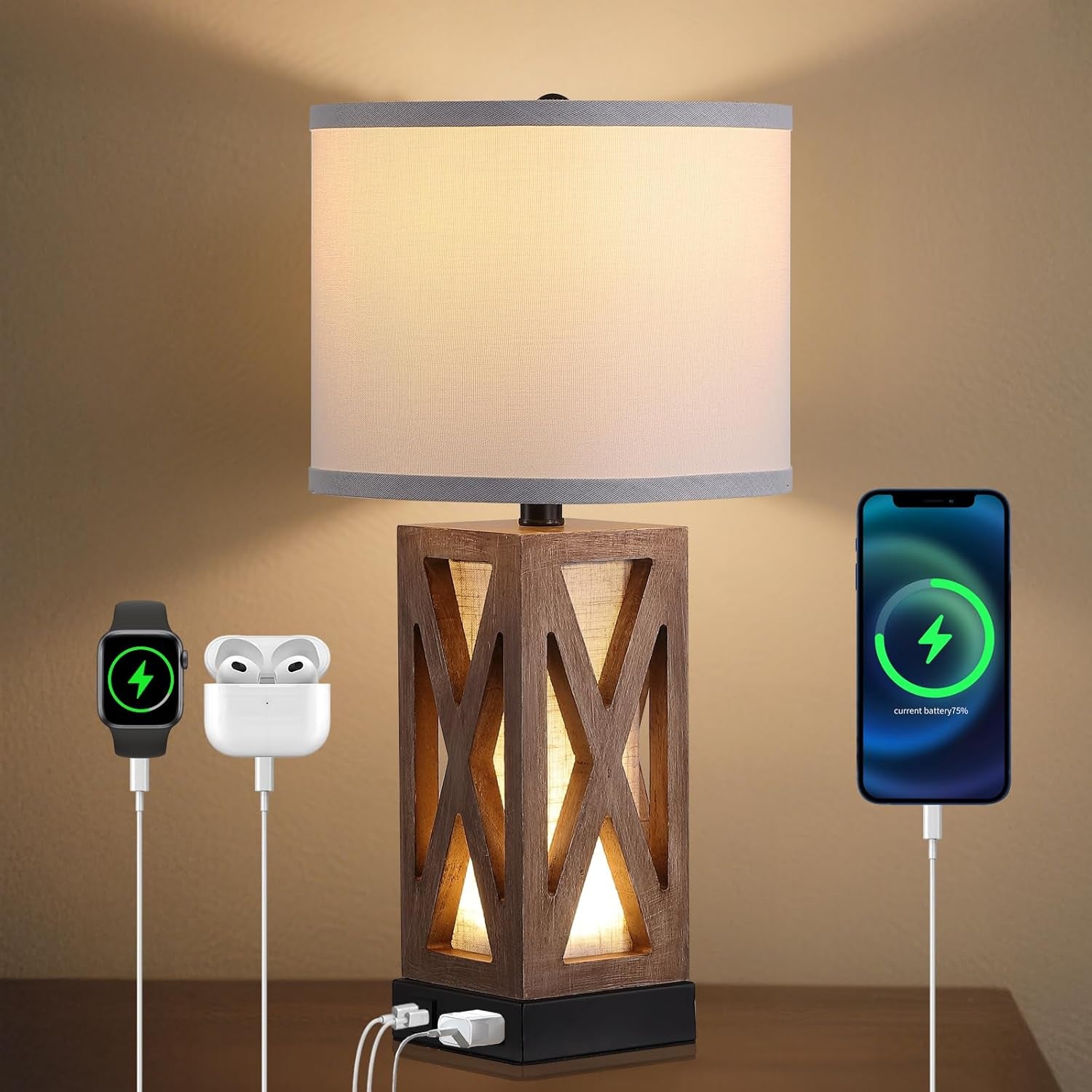 Wood Table Lamp with 3 Color Temperatures, Nightstand Table Lamp with AC Outlet, USB a & C Charging Port, Bedside Lamp for Living Room, Bedroom, Office Reading, Burlywood