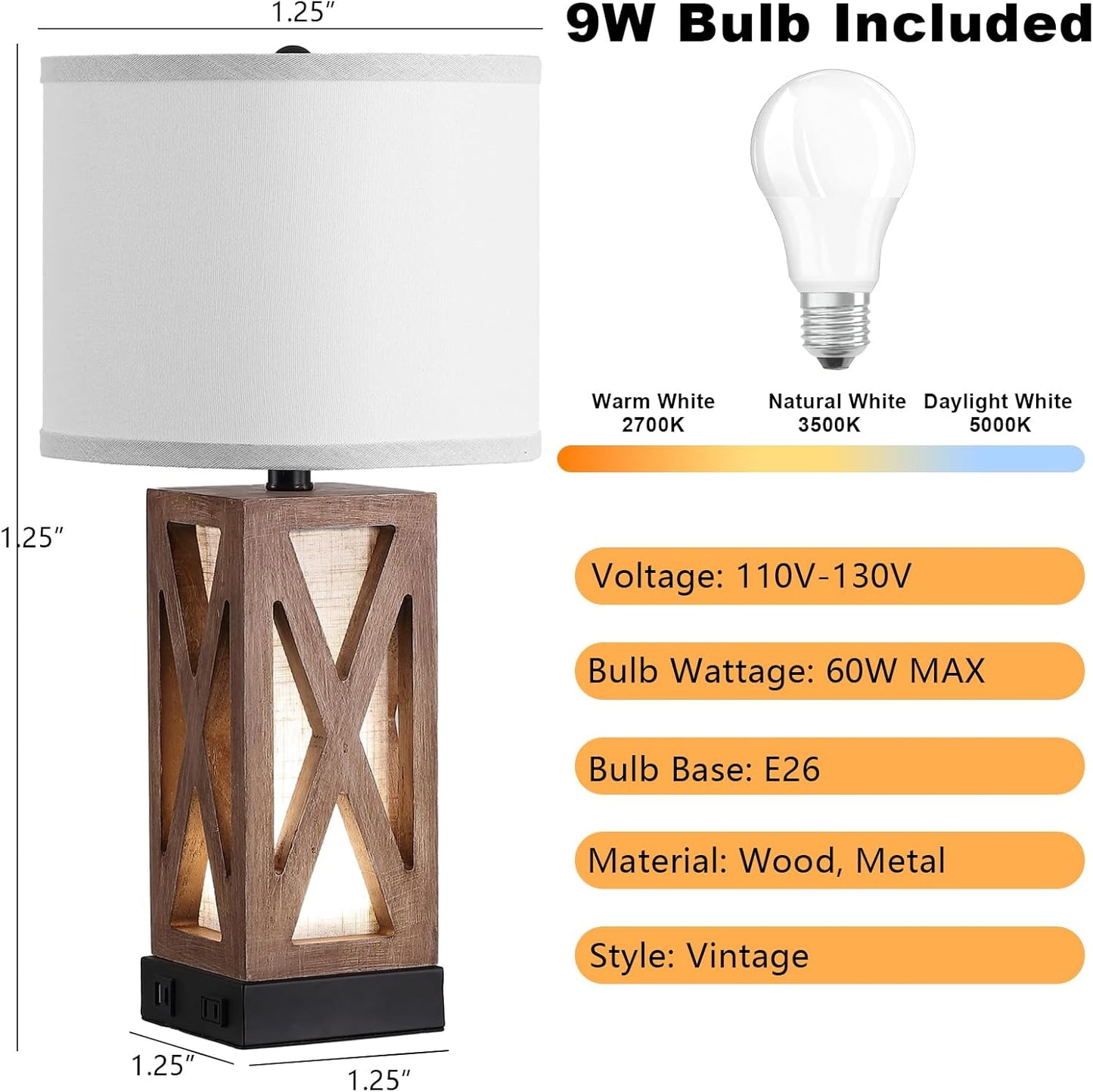 Wood Table Lamp with 3 Color Temperatures, Nightstand Table Lamp with AC Outlet, USB a & C Charging Port, Bedside Lamp for Living Room, Bedroom, Office Reading, Burlywood