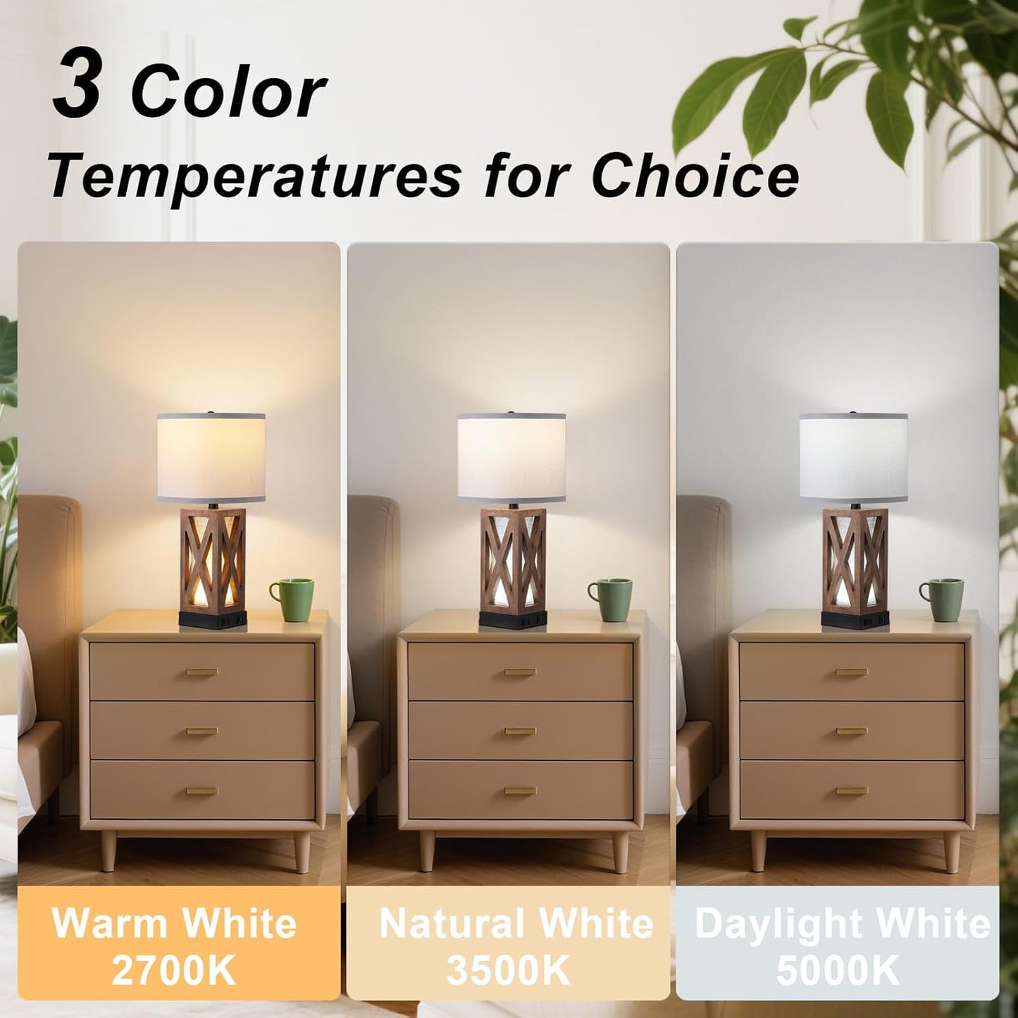 Wood Table Lamp with 3 Color Temperatures, Nightstand Table Lamp with AC Outlet, USB a & C Charging Port, Bedside Lamp for Living Room, Bedroom, Office Reading, Burlywood